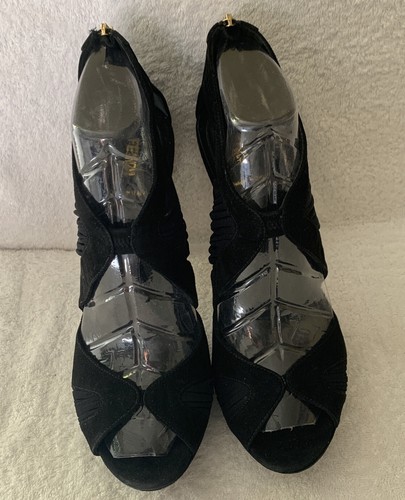 Splendide scarpe laterali in rete nylon FENDI nere plateau a spillo punta aperta cerniera 40