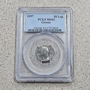 1957 GREECE 50 LEPTA *CHOICE UNCIRCULATED* : PCGS MS-63.KEY-DATE/LOWEST MINTAGE. - Picture 1 of 6