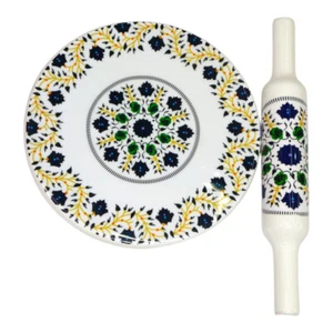 White Printed Marble Chakla 10" with Belan Marble Roti maker with Rolling Pin - Picture 1 of 3