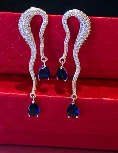 18k White Gold Plated Lab-Created Blue Sapphire Long Earrings Designer Inspired - Picture 1 of 8