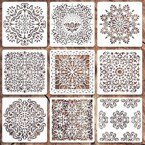 Confezione 9 Stencil da Parete Mandala Grandi 6In per Pavimento Piastrelle Tessuto Mobili Pittura - Foto 1 di 6