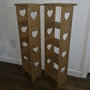 Vintage Rustic Farmhouse Wooden Bookshelf Shelf Heart Cottage Granny Core Pair  - Picture 1 of 15