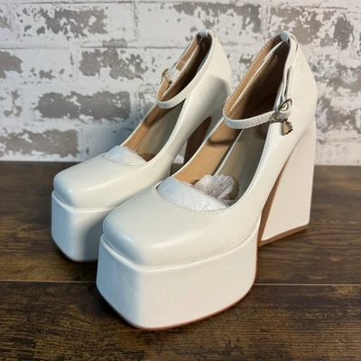 НОВЫЙ — веганская кожаная платформа, коренастый каблук, квадратный носок, со стразами, акцент — белый, 8 - Изображение 1 из 4