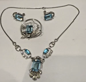 VAN DELL STERLINGSILBER & AQUABLAUER STEIN HALSKETTE, BROSCHE & OHRRING SET - Bild 1 von 6