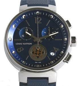 LOUIS VUITTON WATCH TAMBOUR MOONSTAR QA034 CHRONOGRAPH QUARTZ DATE BLUE SS MEN'S - Picture 1 of 10