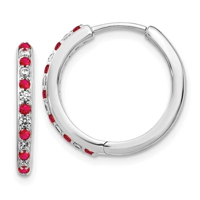 14k White Gold 1/5 Ct Lab Grown Diamond & Lab Created Ruby Hinged Hoop Earrings - Image 1 of 3