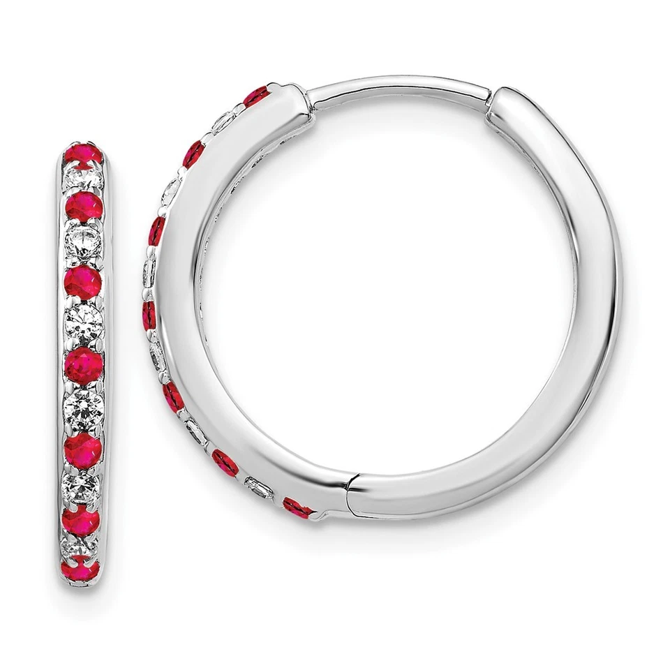 14k White Gold 1/5 Ct Lab Grown Diamond & Lab Created Ruby Hinged Hoop Earrings - Image 1 of 3