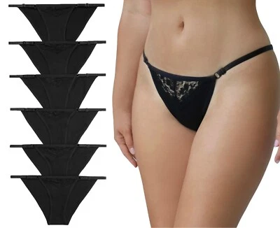 Women’s Cotton Panties Black Set Lace String Bikini Adjustable Underwear Pack 6 - Image 1 of 4