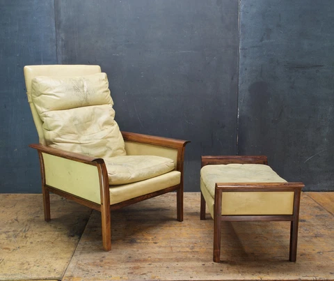 Vtg Rosewood Leather High Back Lounge Chair Ottoman Danish Modern Mid-Century Cover
