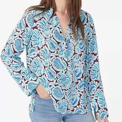 Top túnica manga larga seda azul estampado J.Crew para mujer talla pequeña Foto 1 de 4
