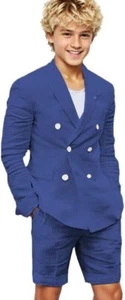 Boy Linen Suit Formal 2 Pieces Summer Tuxedo Double Breasted Shorts Set Stylish - Picture 1 of 33
