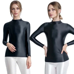 MJINM Women Glossy Satin Tops High Neck Long Sleeve Smooth Blouse Tight T-shirt - Picture 1 of 34