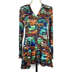 LOGO Lori Goldstein Print Knit Cardigan Pockets Brown Green Womens XXS A271949 - Picture 1 of 9