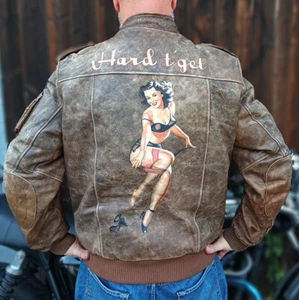 Handbemalte Fliegerjacke L schwere Lederjacke wie Bomberjacke Pin Up Noseart - Bild 1 von 11