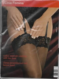 Luxury Two Packets Linia Femina Black Lace Top Band Large 15 Denier Stockings - Picture 1 of 2