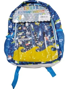Blue Shark Stationery Backpack 10 In 1 With School Supplies Clear Front Pocket - Picture 1 of 4