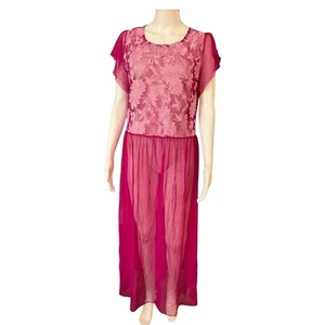 Vince Camuto Sz M Floral Embroidered Mesh Sheer Overlay Dress Pink Purple Maxi - Picture 1 of 9