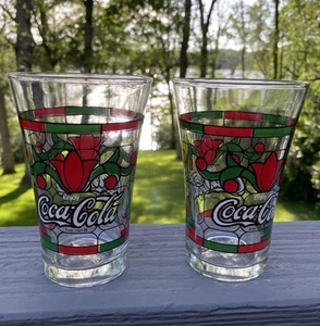 Vintage Coca Cola 2er Set Tulpen Buntglas Muster Libby Becher Gläser - Bild 1 von 8