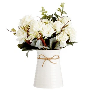 White Roses Flower Vase, Silk Artificial Flowers Arrangement with Ceramic Pot... - Picture 1 of 9