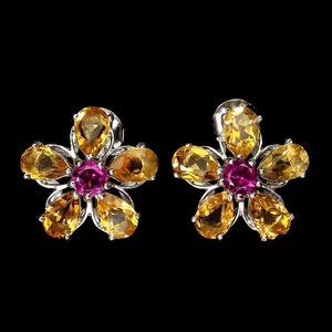 925 Sterling Silver Earrings Pear Citrine Rhodolite Flower Gemstone Jewelry - Picture 1 of 13