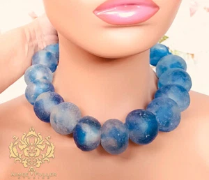 Aimee Fuller Jumbo Blue Recycled Glass Necklace Matte African Baked Giant Gems - Picture 1 of 5
