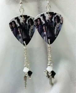 The Walking Dead Guitar Pick Earrings with Crystal and Gun Charm Dangles - Picture 1 of 4