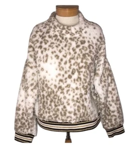 NWT Nanette Lepore Large Snow Leopard Metallic-Trim Pullover Sherpa Sweatshirt - Picture 1 of 8