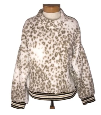 NUEVO CON ETIQUETAS Nanette Lepore Grande Leopardo de las Nieves Ribete Metálico Pullover Sherpa Sudadera Foto 1 de 4