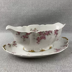 CH Field Haviland Limoges Porcelain Gravy Boat & Underplate Pink Flowers & Gold - Picture 1 of 8
