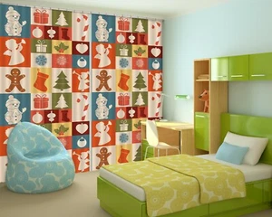 3D Checkered Cartoon Anim N028 Christmas Photo Curtain Printing Fabric Window An - Picture 1 of 8