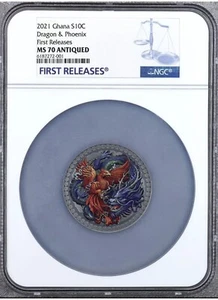 NGC MS70 Phoenix and dragon 50g high relief silver coin antiqued Ghana 2021 龙凤呈祥 - Picture 1 of 2