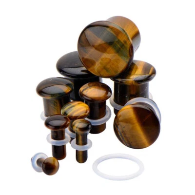 Par de tapones de piedra ojo de tigre de llamarada única medidores orgánicos tamaño 8ga a 5/8 pulgadas E554 Foto 1 de 3