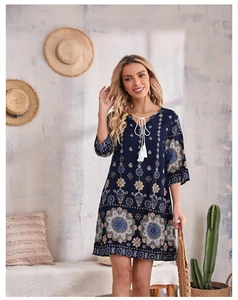 Abito tunica HALIFE boho stampa mandala XL multicolore casual estivo nappa cravatta - Foto 1 di 5