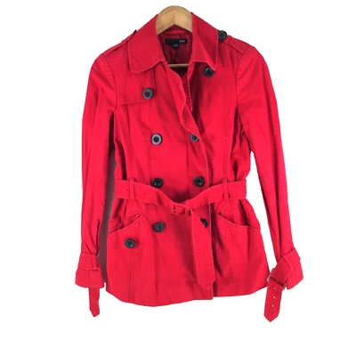 Saba trench coat jacket womens size 8 red long sleeve collar belt cotton 110375 - image 1 of 4