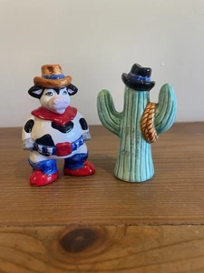Kuh & Kaktus Salz Pfefferstreuer Western Cowboy Cartoon - Bild 1 von 3