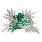 JJ JONETTE Green Frog On Silver Tone Rock Lily Pad Leaf Lapel Pin Brooch Vintage