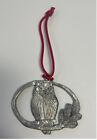 Pewter Owl & Evergreen Tree Branch Christmas Ornament with Red Loop Hanger /Bird