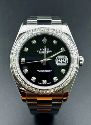 Rolex Mens Datejust 41mm Oyster Steel Watch ICED 3ct Diamond Black Dial 116300 - Image 1 of 4