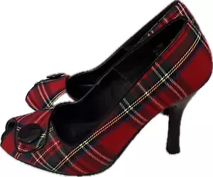 Used Womens Red Plaid Fabric open toe Chinese Laundry High Heel Shoes Size 8 M - Picture 1 of 6
