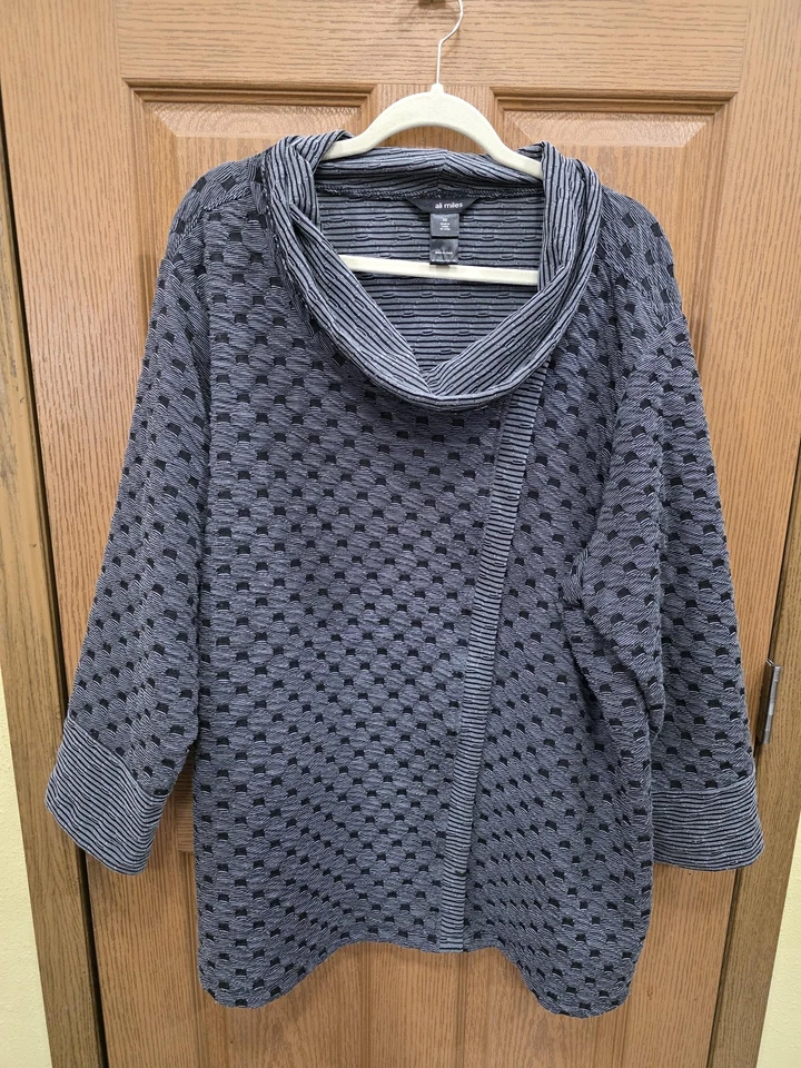 Suéter Ali Miles Mujer 3X Gris Negro Texturizado Capucha Cuello Túnica Top Pullover Foto 1 de 4