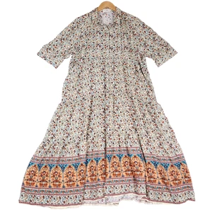 Natural Life Boho Maxi Dress XL Floral Paisley Button Front Short Sleeve Rayon - Picture 1 of 11