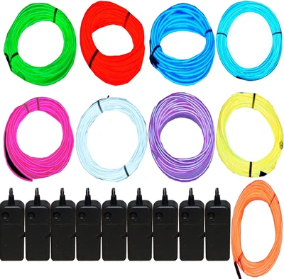 9 Pack 9Ft Neon Light El Wire W/Battery Pack (Blue, Green, Red, White, Orange, P - Image 1 of 4
