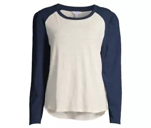 Time And Tru Women's Long Puff Sleeve Top size Large Crew Neck Blue/Cream New - Picture 1 of 11