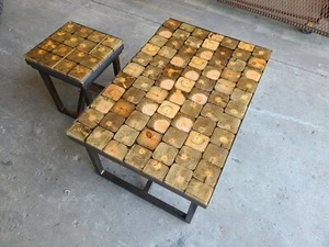 Country Farmhouse Resin Wood Block Coffee End Table Set - Picture 1 of 12