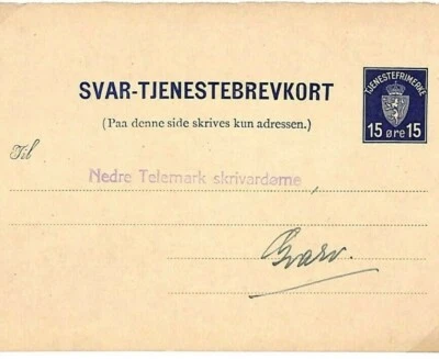 Tarjeta de papelería postal de Noruega 15º SVAR-TJENESTEBREVKORT 1936 Telemark GL142 Foto 1 de 4