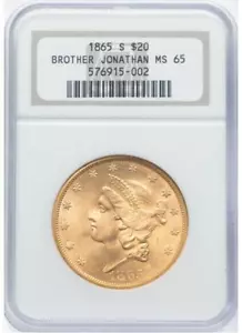 1865-S Large S $20 PRIZED CIVIL WAR PCGS MS-65 Gold Liberty BROTHER JONATHAN - Picture 1 of 2