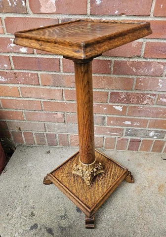 Antique Tiger Oak Plant Stand Fern Table Carved Wood Handmade Cover