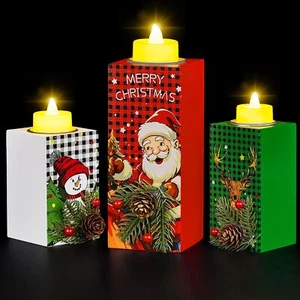 Christmas Decorations Indoor 3 Pcs Christmas Wood Candle Holders With Led Tea Li - Picture 1 of 7