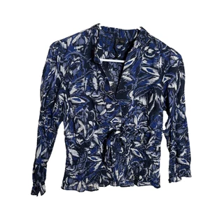 Nine West Blouse Women's XS Collared 3/4 Sleeve Printed Artsy Top Ruffle Shirt - Picture 1 of 8