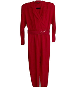 JT Dress Vintage Womens Jumpsuit Red Size 10 Elastic Waist Rhinestone Belt